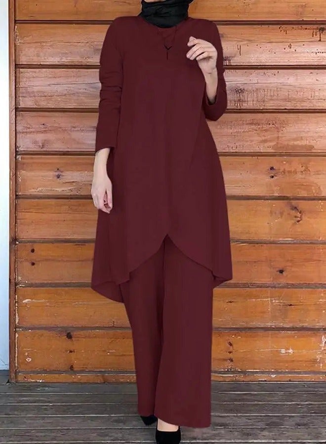 Muslim Suit Irregular Blouse Wide Leg Pant