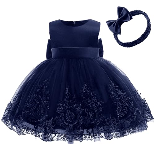 AIMJCHLD Baby Girls Embroidery Lace Dresses Toddler Ruffles Infant Easter Tutu Birthday Dress with Headwear 6M 12M Navy Blue 70 - Image 3