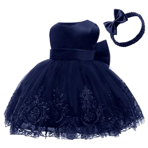AIMJCHLD Baby Girls Embroidery Lace Dresses Toddler Ruffles Infant Easter Tutu Birthday Dress with Headwear 6M 12M Navy Blue 70 - Image 2