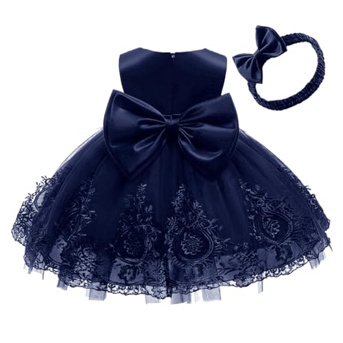 AIMJCHLD Baby Girls Embroidery Lace Dresses Toddler Ruffles Infant Easter Tutu Birthday Dress with Headwear 6M 12M Navy Blue 70 - Image 5