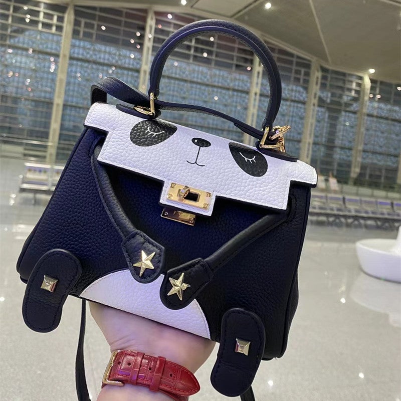 Genuine Leather Women'S Bag First Layer Litchi Pattern Casual One Shoulder Diagonal Cartoon Panda Pattern Bear Kelly Bag - Image 5