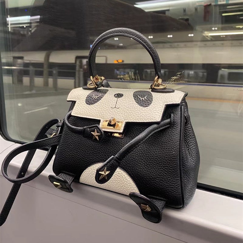 Genuine Leather Women'S Bag First Layer Litchi Pattern Casual One Shoulder Diagonal Cartoon Panda Pattern Bear Kelly Bag - Image 2