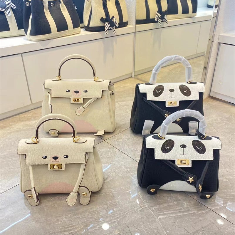 Genuine Leather Women'S Bag First Layer Litchi Pattern Casual One Shoulder Diagonal Cartoon Panda Pattern Bear Kelly Bag - Image 4