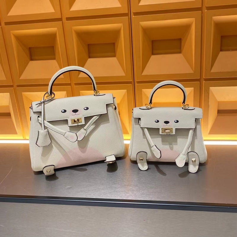 Genuine Leather Women'S Bag First Layer Litchi Pattern Casual One Shoulder Diagonal Cartoon Panda Pattern Bear Kelly Bag - Image 3