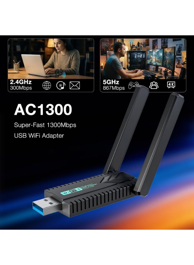 محول واي فاي لاسلكي USB 3.0، بسرعة 1300 ميجابت في الثانية، ثنائي النطاق 2.4/5 جيجاهرتز، بلوتوث 5.4، محول شبكة واي فاي لاسلكي - Image 2