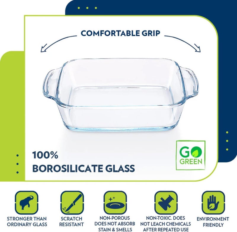 بوروسيل Borosil Square Dish with Handle, 0.8 Liter - Borosilicate Oven Proof Casserole Pan clear 0.8Liters - Image 2
