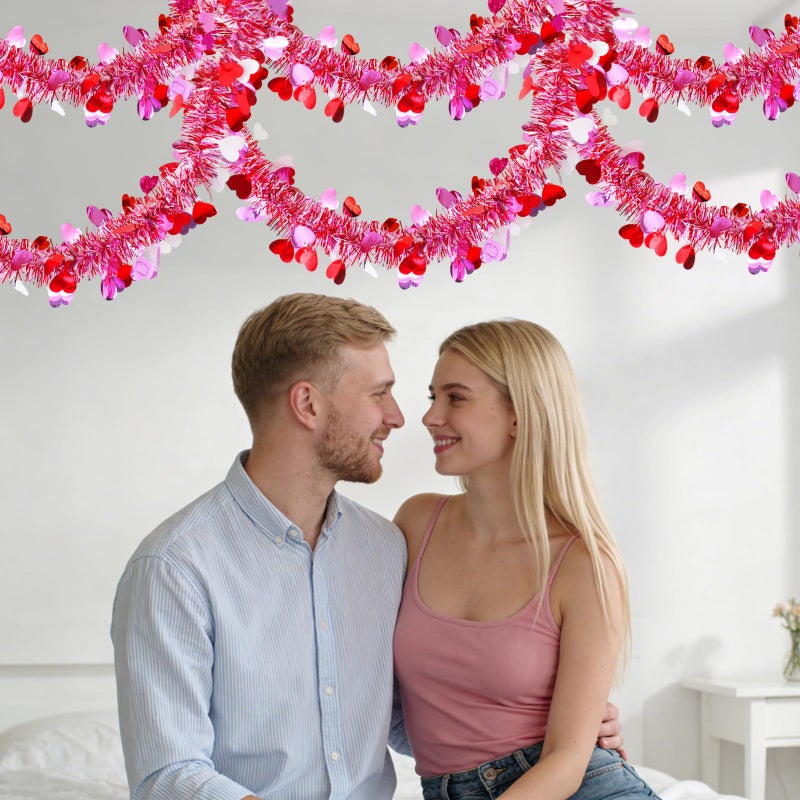 Riferg 50Ft Valentine's Day Heart Tinsel Garland, Red Pink Heart Metallic Tinsel Garland for Valentines Decorations Birthday Weeding Anniversary - Image 3