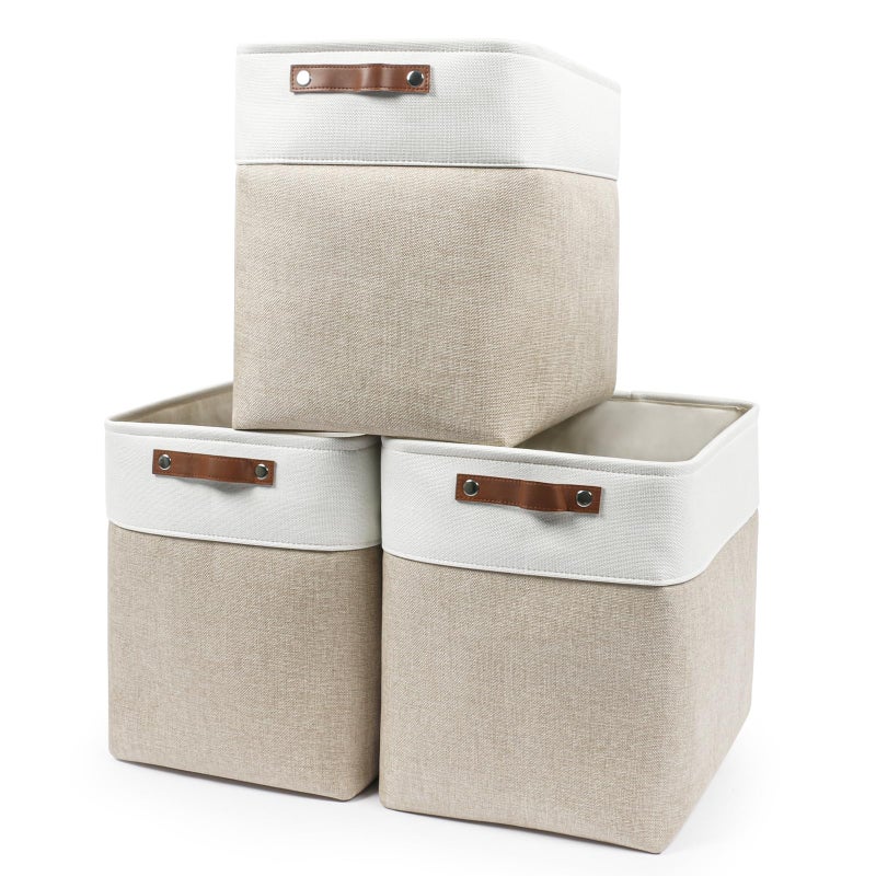 Bagnizer Large Fabric Storage Baskets  50L Storage Bins Decorative Linen Closet Baskets with Handles for Organizing Shelf Toys Clothes Home Office Nursery 17x12x15Inches BeigeWhite