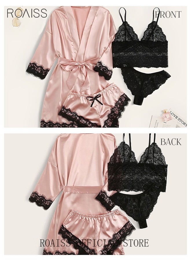 roaiss - 4 Pack Women's Nightwear Set Lace Trimmed Lightweight Silk Satin Sleepwear Pajama Ladies Summer Breathable Home Wearing Clothes Suits (Underwear + Panties + Robe + Shorts) Pink and Black - Image 1