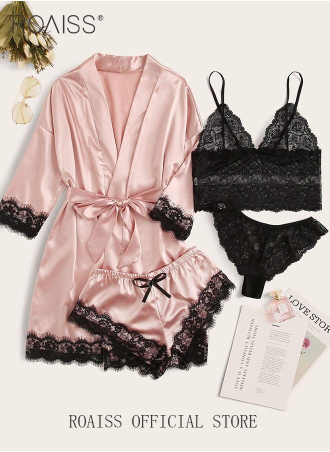 roaiss - 4 Pack Women's Nightwear Set Lace Trimmed Lightweight Silk Satin Sleepwear Pajama Ladies Summer Breathable Home Wearing Clothes Suits (Underwear + Panties + Robe + Shorts) Pink and Black - Image 1