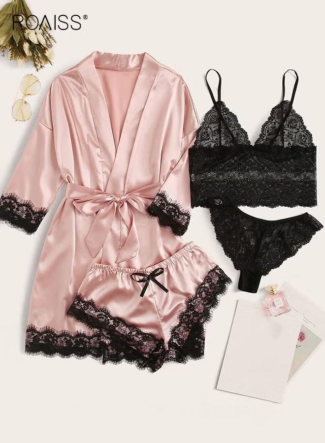 4 Pack Women's Nightwear Set Lace Trimmed Lightweight Silk Satin Sleepwear Pajama Ladies Summer Breathable Home Wearing Clothes Suits (Underwear + Panties + Robe + Shorts) Pink and Black