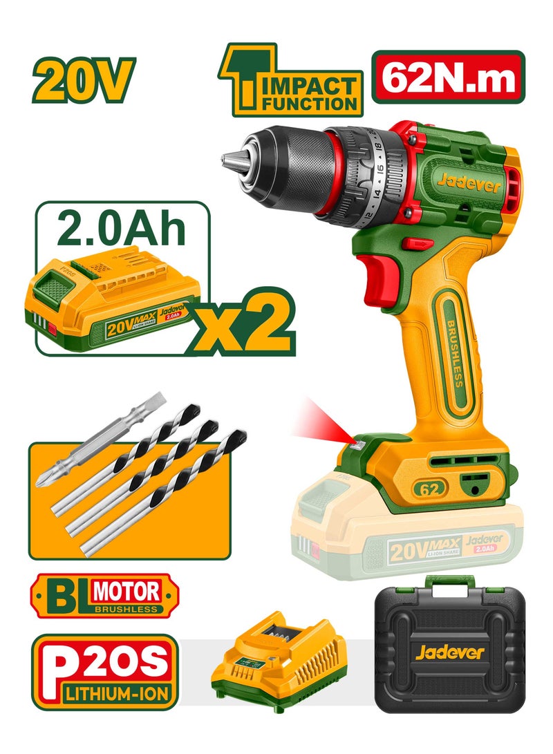 Jadever Total 20V 62Nm 13mm Brushless Cordless Drill with 2 Batteries and Bag  JDCDP6281