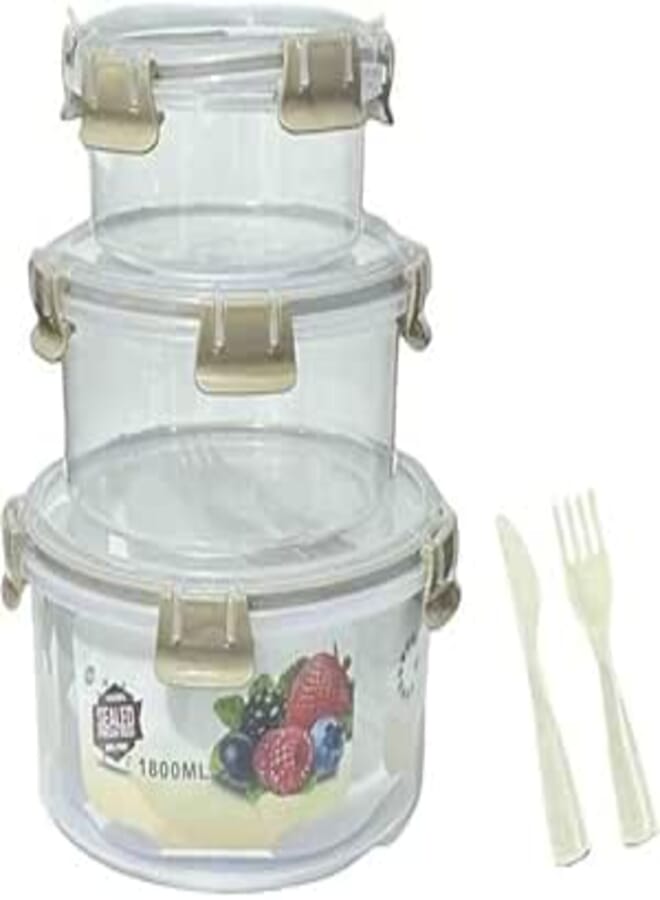 Spaceshoop Round Food Storage Containers with Locking Lids, 3-Piece Set, 1800ml Capacity, with Utensils (Multicolor)