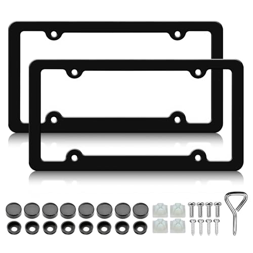 LIN KANG 2 Pack Matte Black License Plate Frames Aluminum Metal License Plate Holder for Men Women Car Accessories Tag Frame with Screws Fasteners Caps 4 Holes - Image 1