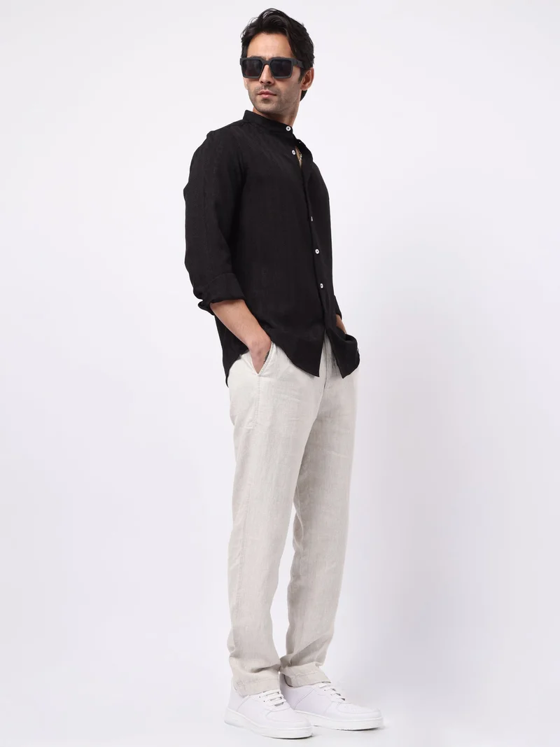 Maniac  Maniac Mens Solid Chinese Collar Full Sleeve Soft Twill Fabric Black Shirt for Men | Best Price UAE