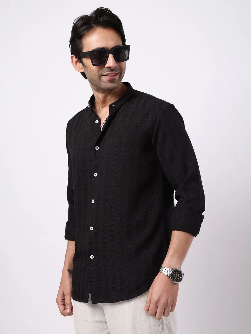 Maniac  Maniac Mens Solid Chinese Collar Full Sleeve Soft Twill Fabric Black Shirt for Men | Best Price UAE