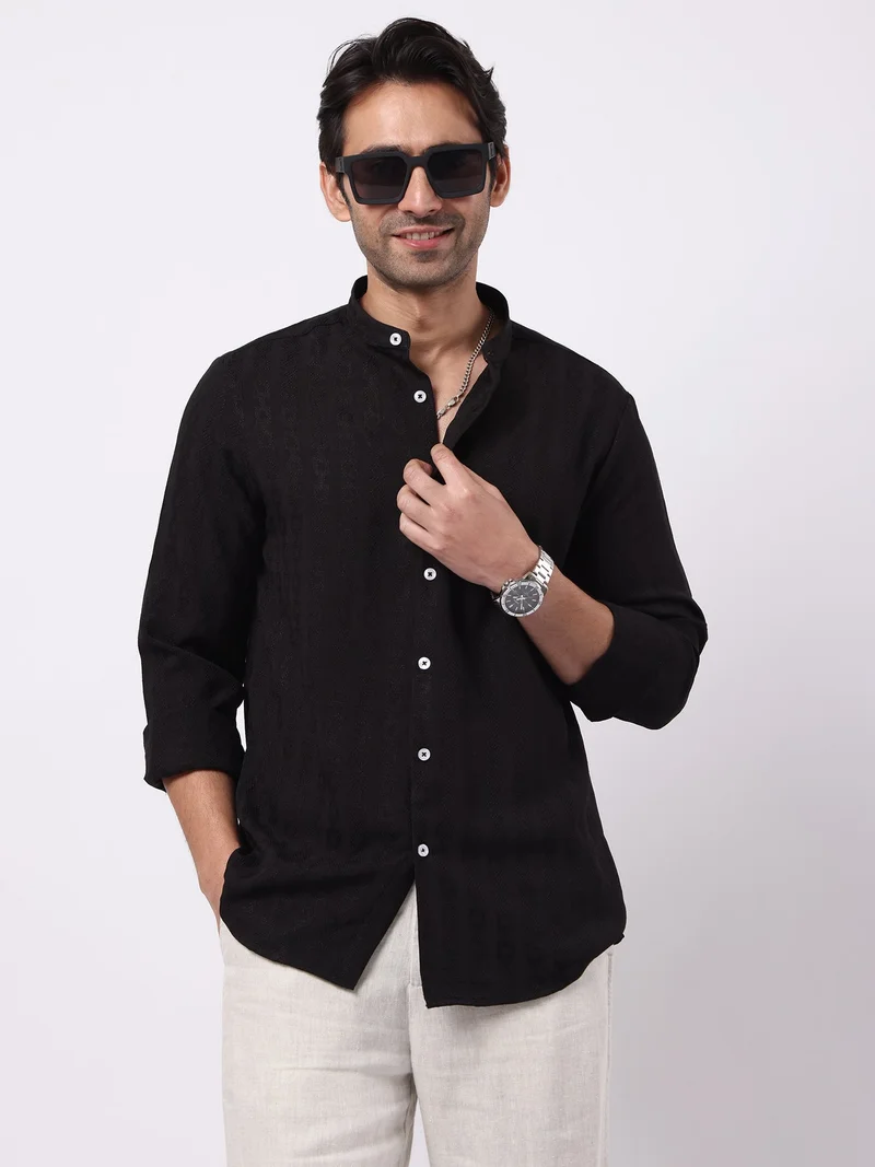 مانياك Maniac Mens Solid Chinese Collar Full Sleeve Soft Twill Fabric Black Shirt