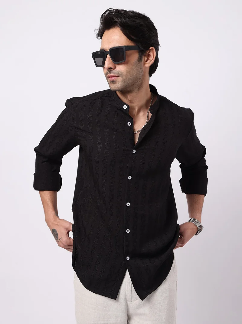 مانياك Maniac Mens Solid Chinese Collar Full Sleeve Soft Twill Fabric Black Shirt