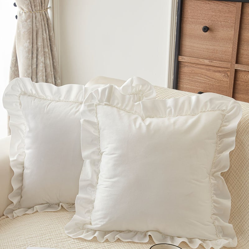 Burgundy Velvet Ruffled Throw Pillow Covers For Sofa 4 Piece Set 17.7 Inch Decorative Cushion Covers With Lace Solid Color Vintage Farmhouse Style For Living Room Bed Office - Image 1