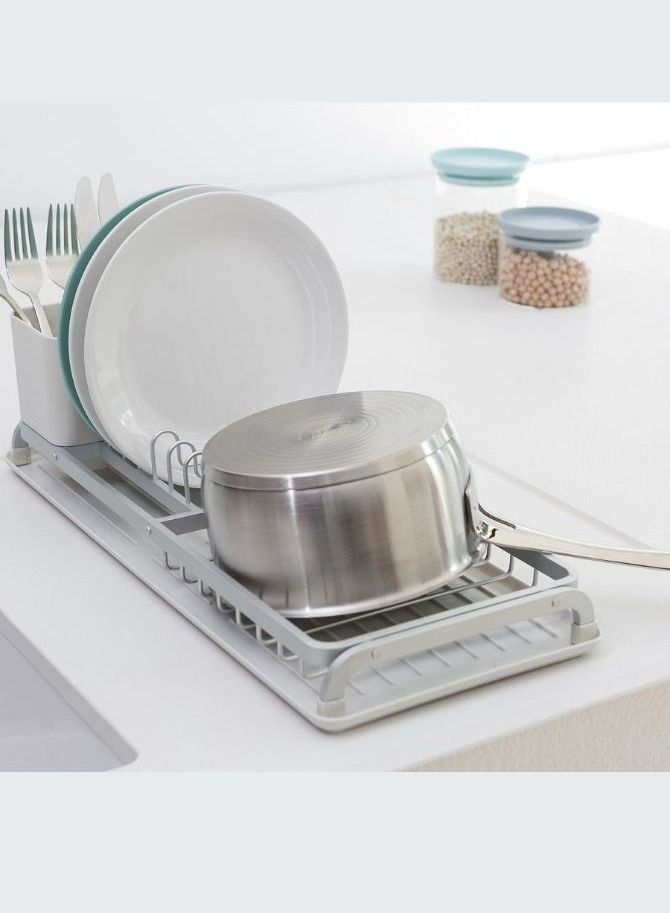 Compact Dish Drying Draining Rack with Cutlery Basket