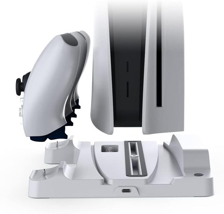 KASTWAVE For PS5/ PS5 Slim Stand for Disc & Digital Console, For PS5 Multifunctional Controller Charging Station, Dual Controller Charger Station with Headset Holder, with LED Light - Image 2