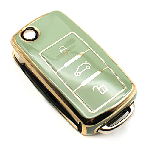 FEYOUN Key Fob Cover Compatible with VW Volkswagen Atlas Golf GTI Jetta Passat Tiguan Touareg Beetle Flip 3 Buttons TPU Remote Keyless Key Fob Case Protection Shell Accessories Green - Image 1