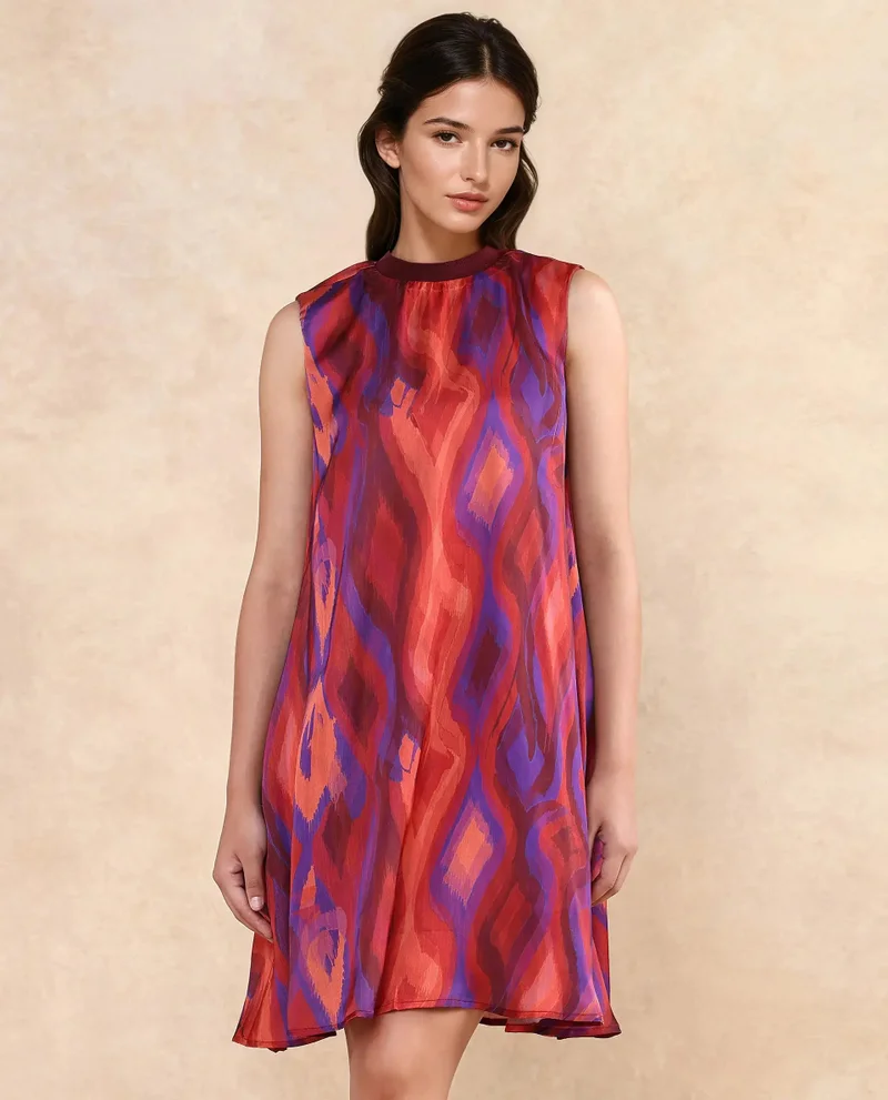 Rareism Women's Flared Mini Dress With Rib Neck