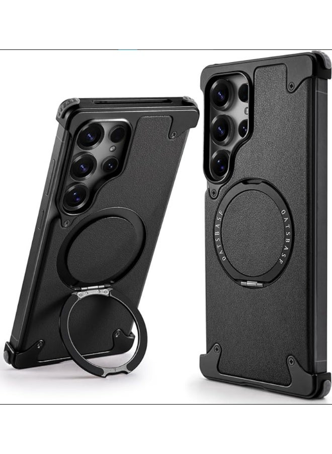 For Samsung Galaxy S26 Ultra Case, Sleek Minimalist Protective Shock Absorption Aerospace Grade Aluminum Shells with Leather Back Built-in Kickstand, Natural Black Cover | WIDGETS MATRIX - Image 1