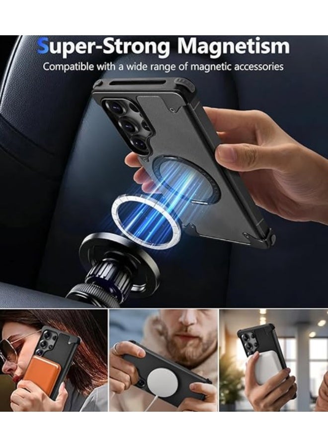 For Samsung Galaxy S26 Ultra Case, Sleek Minimalist Protective Shock Absorption Aerospace Grade Aluminum Shells with Leather Back Built-in Kickstand, Natural Black Cover | WIDGETS MATRIX - Image 2