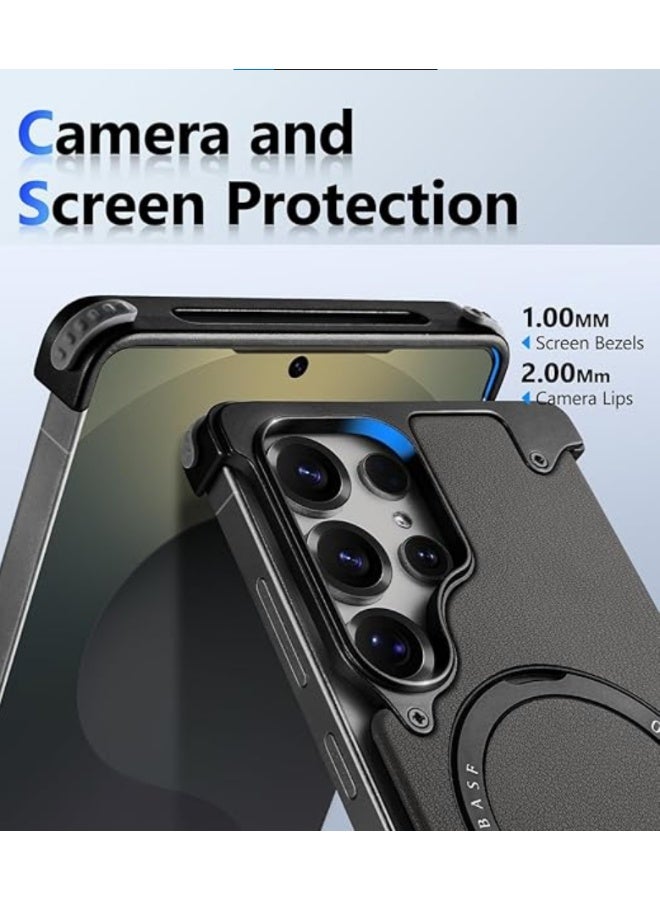 For Samsung Galaxy S26 Ultra Case, Sleek Minimalist Protective Shock Absorption Aerospace Grade Aluminum Shells with Leather Back Built-in Kickstand, Natural Black Cover | WIDGETS MATRIX - Image 4