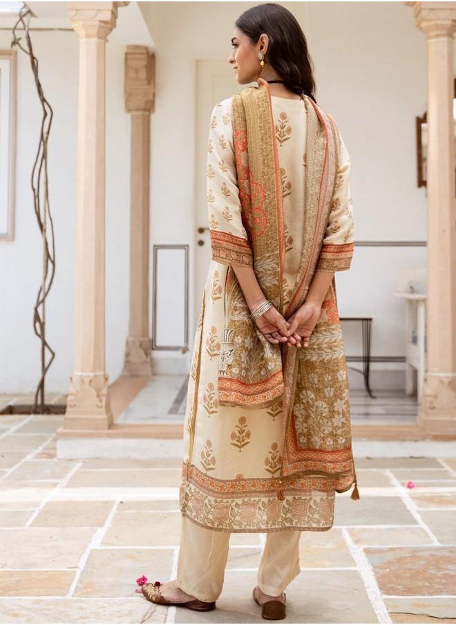ISHIN - Elastic Women Cream Rayon Kurta Set with Embroidered pattern Tunic and Palazzo features a Round neckline and Three-Fourth Sleeve secured with Elastic closure and styled in Straight Fit ideal for Festive moments — designed to make heads turn. - Image 1