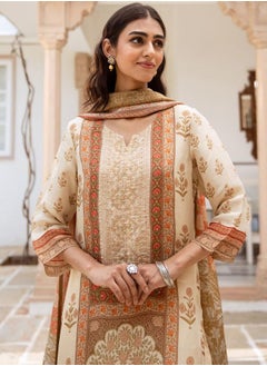 ISHIN Elastic Women Cream Rayon Kurta Set with Embroidered pattern Tunic and Palazzo features a Round neckline and Three-Fourth Sleeve secured with Elastic closure and styled in Straight Fit ideal for Festive moments — designed to make heads turn.  - Image 1