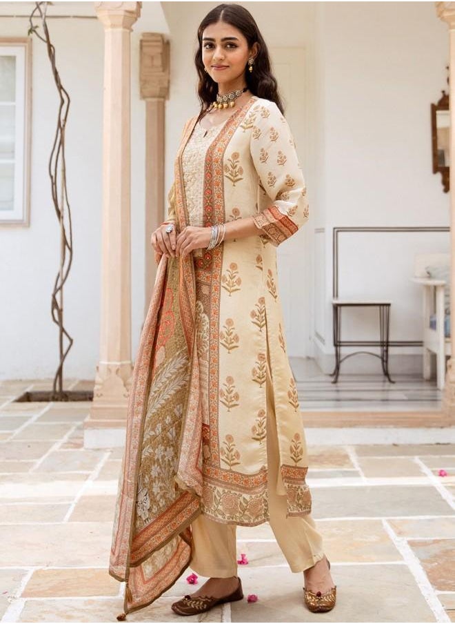 ISHIN - Elastic Women Cream Rayon Kurta Set with Embroidered pattern Tunic and Palazzo features a Round neckline and Three-Fourth Sleeve secured with Elastic closure and styled in Straight Fit ideal for Festive moments — designed to make heads turn. - Image 1