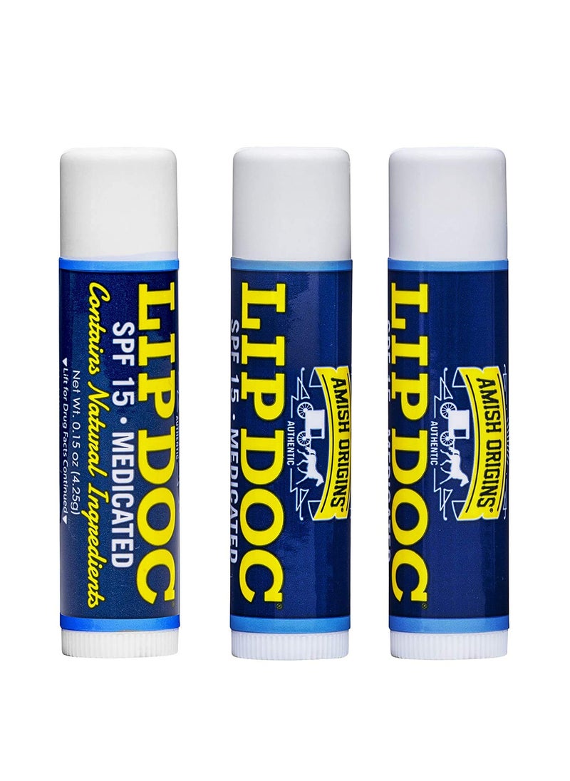 AMISH ORIGINS Amish Origins SPF 15 Medicated Lip Doc Balm - All Natural Ingredients, Deep Moisturizing Potent Formula for Chapped and Cracked Lips, All Refreshing Essential Oils, 3 Pack 