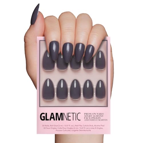 Glamnetic Press On Nails Ash Gray Opaque Muted Smoke Gray Short Almond Fake Nails Salon Quality 15 Sizes 30 Nail Kit - Image 1