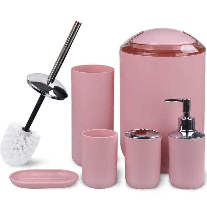 BATHROOM ACCESSORIES SET 6 PIECE BATH ENSEMBLE INCLUDES SOAP DISPENSER TOOTHBRUSH HOLDER TOOTHBRUSH CUP SOAP DISH FOR DECORATIVE COUNTERTOP AND HOUSEWARMING GIFT BLUSH PINK6PCS