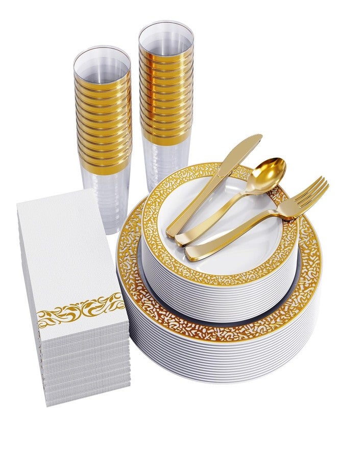FOCUSLINE 175 Ct Gold Dinnerware Set for 25 Guests, White Plastic Plates with Gold Lace Rim Design, Including 25 Disposable Dinner & Dessert Plates, Cups, Napkins, Cutlery Set - Image 1