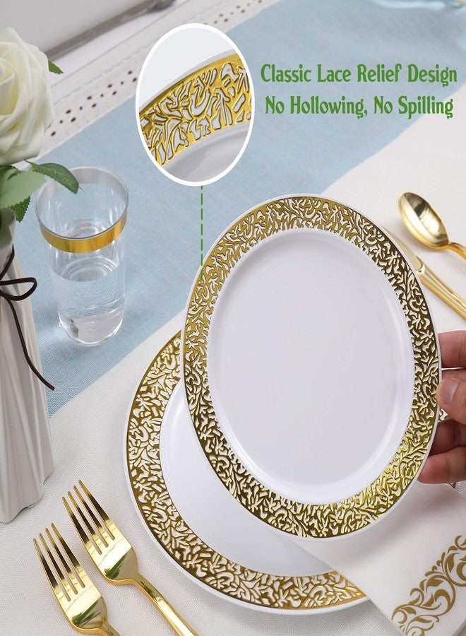FOCUSLINE 175 Ct Gold Dinnerware Set for 25 Guests, White Plastic Plates with Gold Lace Rim Design, Including 25 Disposable Dinner & Dessert Plates, Cups, Napkins, Cutlery Set - Image 2