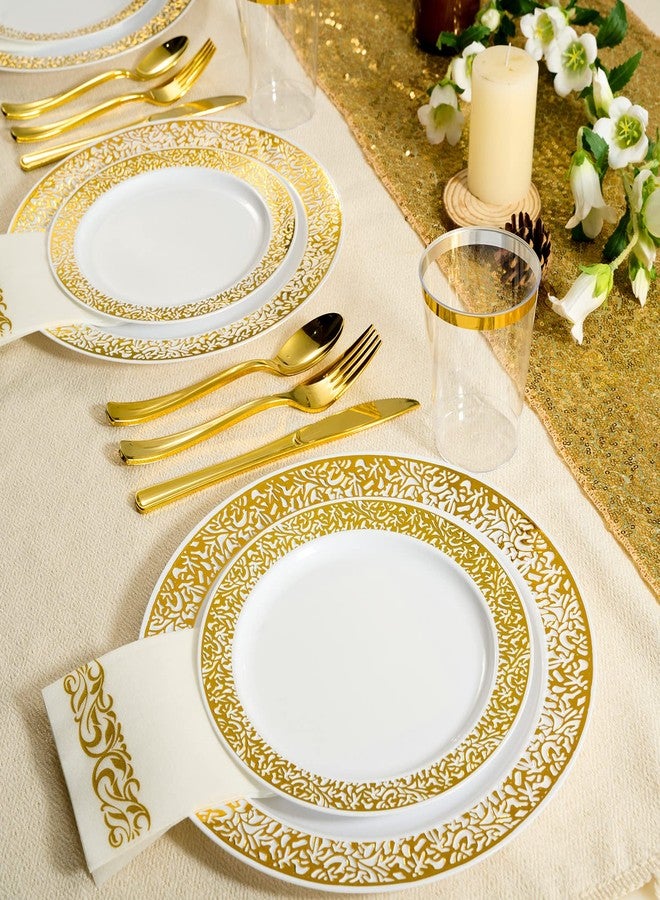 FOCUSLINE 175 Ct Gold Dinnerware Set for 25 Guests, White Plastic Plates with Gold Lace Rim Design, Including 25 Disposable Dinner & Dessert Plates, Cups, Napkins, Cutlery Set - Image 5