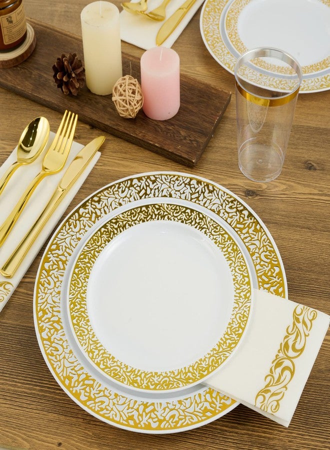 FOCUSLINE 175 Ct Gold Dinnerware Set for 25 Guests, White Plastic Plates with Gold Lace Rim Design, Including 25 Disposable Dinner & Dessert Plates, Cups, Napkins, Cutlery Set - Image 3