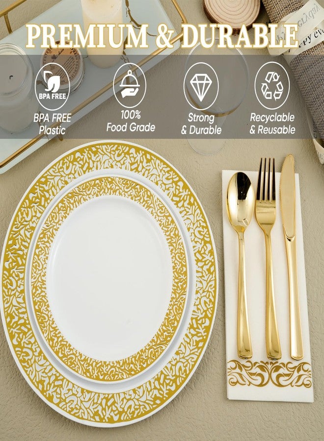 FOCUSLINE 175 Ct Gold Dinnerware Set for 25 Guests, White Plastic Plates with Gold Lace Rim Design, Including 25 Disposable Dinner & Dessert Plates, Cups, Napkins, Cutlery Set - Image 4