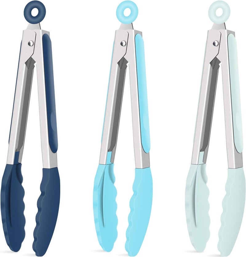 hotec Silicone Kitchen Tongs for Cooking 9-Inch Serving Tongs with Silicone Tips, Set of 3 (Gradient Blue) - Image 1