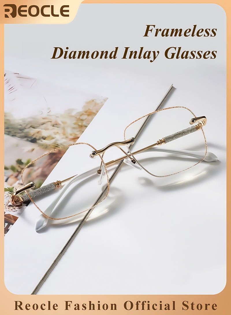 REOCLE Unisex Reading Glasses Blue Light Blocking Glasses Frameless Diamond Inlay Glasses Square Eyewear Anti-Fatigue Computer Monitor Gaming Glasses  - Image 1