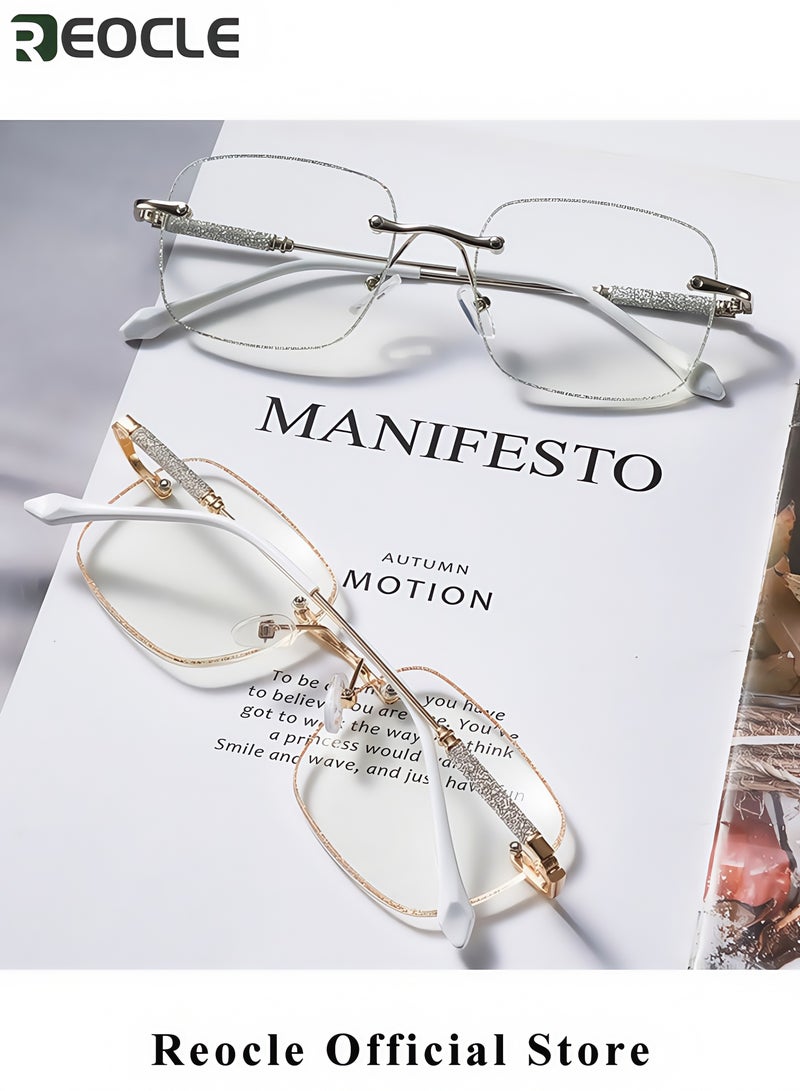 REOCLE Unisex Reading Glasses Blue Light Blocking Glasses Frameless Diamond Inlay Glasses Square Eyewear Anti-Fatigue Computer Monitor Gaming Glasses  - Image 2