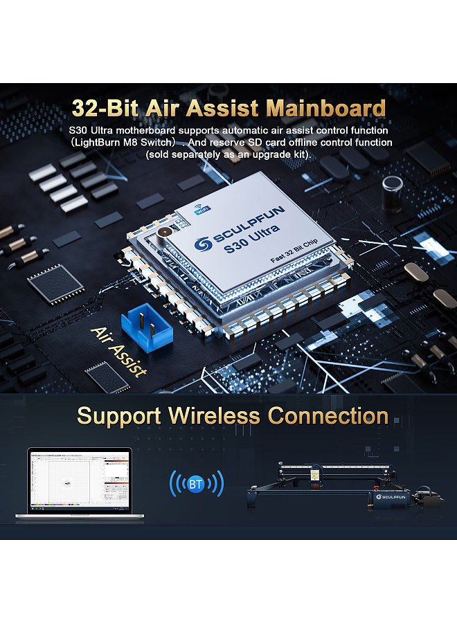 S30 Ultra-33W Laser Engraving Machine 600x600mm Engraving Area Automatic Air Assist Replaceable Lens Eye Protection Includes Laser Repair Kit Air Assist M8 Main Board