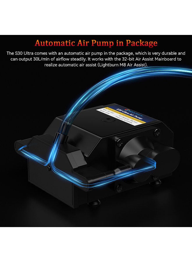 S30 Ultra-33W Laser Engraving Machine 600x600mm Engraving Area Automatic Air Assist Replaceable Lens Eye Protection Includes Laser Repair Kit Air Assist M8 Main Board