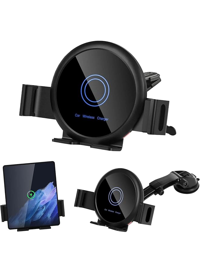 Excefore 20W Qi Wireless Car Charger Mount Holder Compatible For Samsung Galaxy Z Fold4 Fold3 Z Fold2 Fold S22 Ultra, Two Coil Support Portrait Unfold Auto Clamping Charging Car Mount With Cooling Fan - Image 1