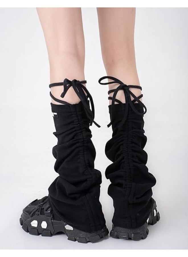 Women Girls Y2K Lace Up Leg Warmers Drawstring Flared Ruched Knee High Leg Sleeve Socks Gaiters, One Size - Image 3