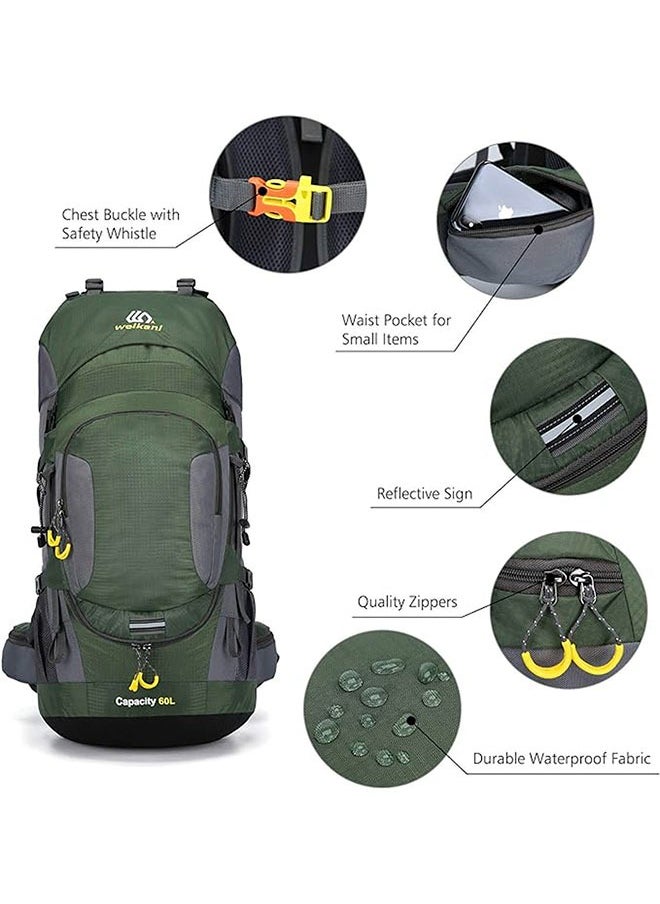 weikani - Large Capacity 60L Outdoor Hiking and Camping Multifunctional Mountaineering Bag with Rain Cover - Green - Image 1
