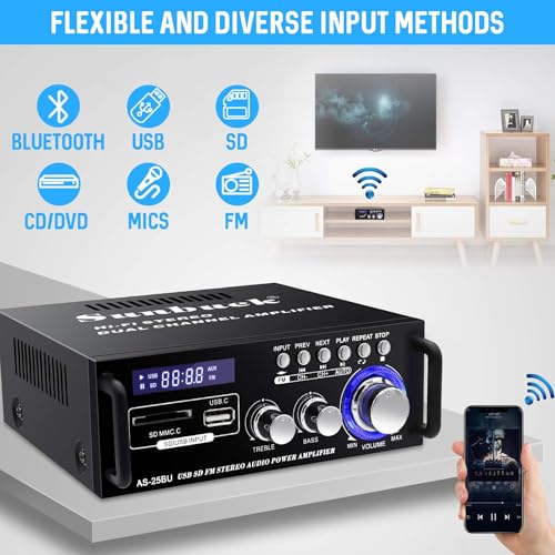 Sunbuck Small Stereo Amplifier, Stereo Receiver with Bluetooth, Optical/Coaxial Jacks for TV/CD/DVD/LP/PC, Support 192kHz Audio, Max 300Wx2 Power, Home Audio System, Receiver for Speakers, AS-25BU - Image 2